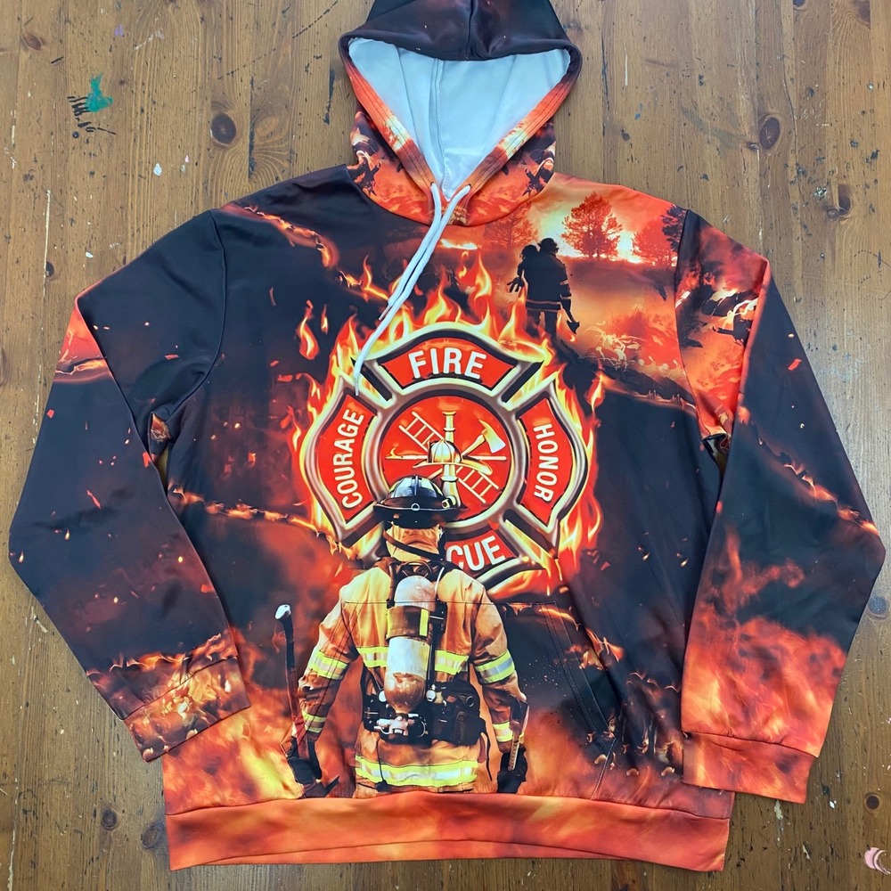 Firefighter Graphic Hoodie Mens L Fire Rescue Flames All Over Print‎ Fireman